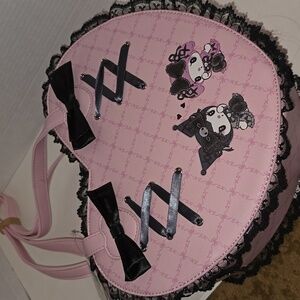 Pink Heart-Shaped Bag with Black Lace and Bows